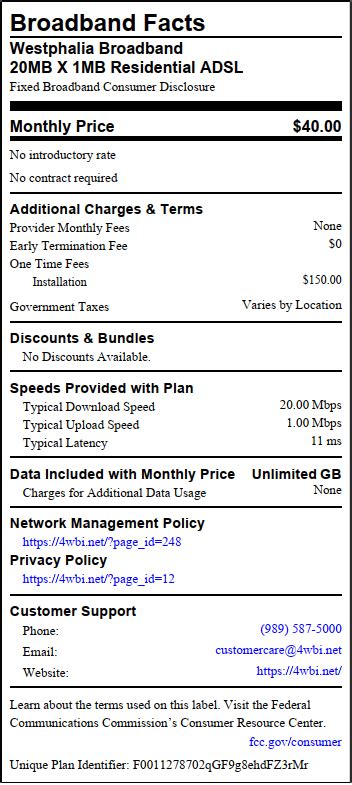 Westphalia Broadband Packages – Westphalia Broadband Inc..